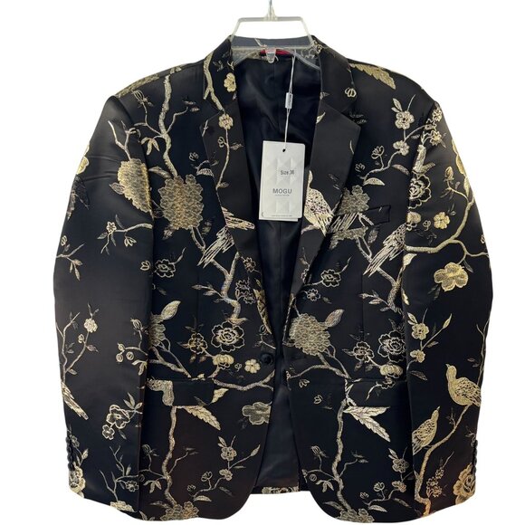 Mogu Other - Mens Black & Gold Floral Embroidered Satin Blazer Jacket Size 36